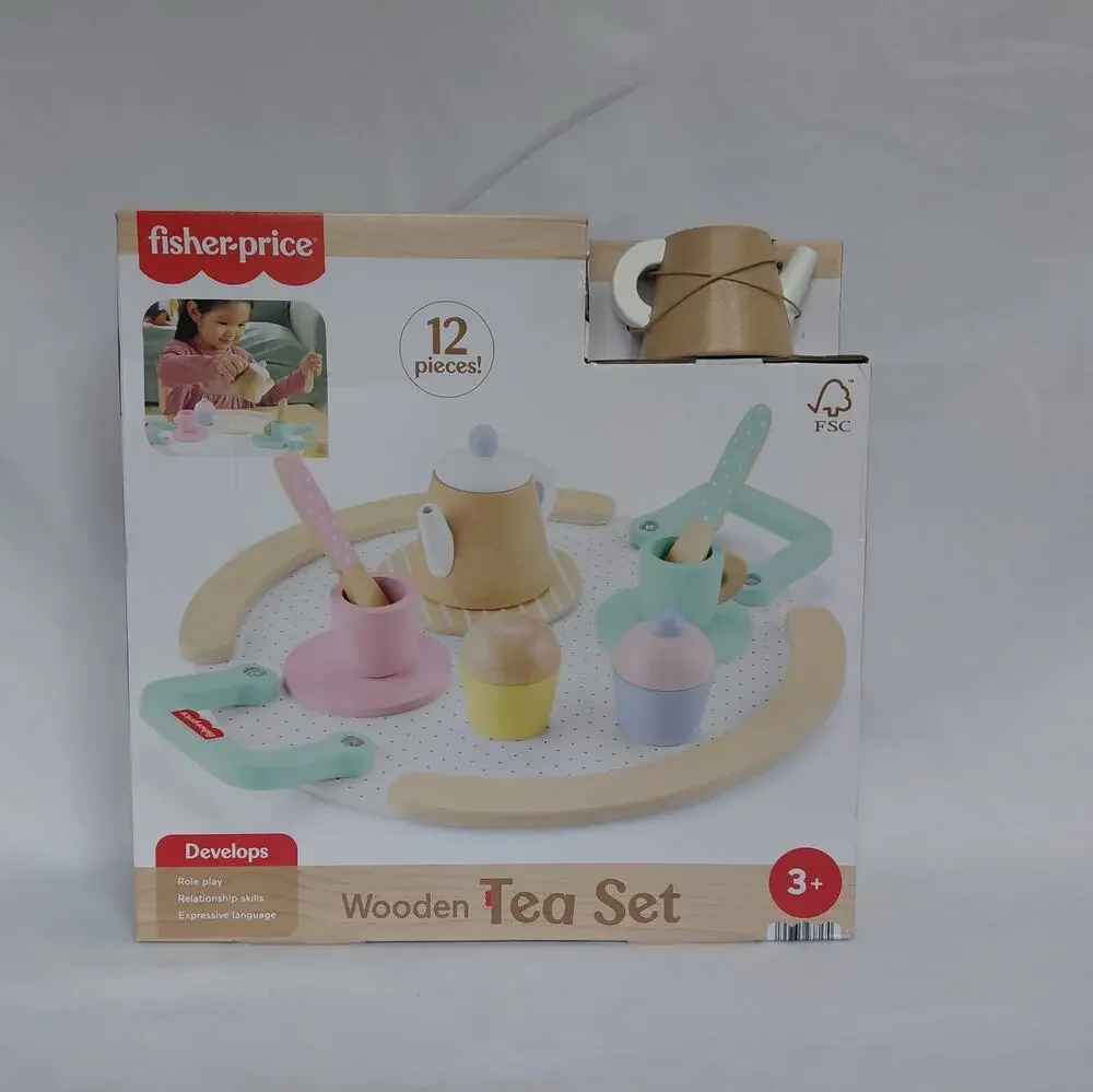 Fisher-Price Wooden Picnic Tea Set Blanket Wood Cups & Saucers 18 Pieces NIB